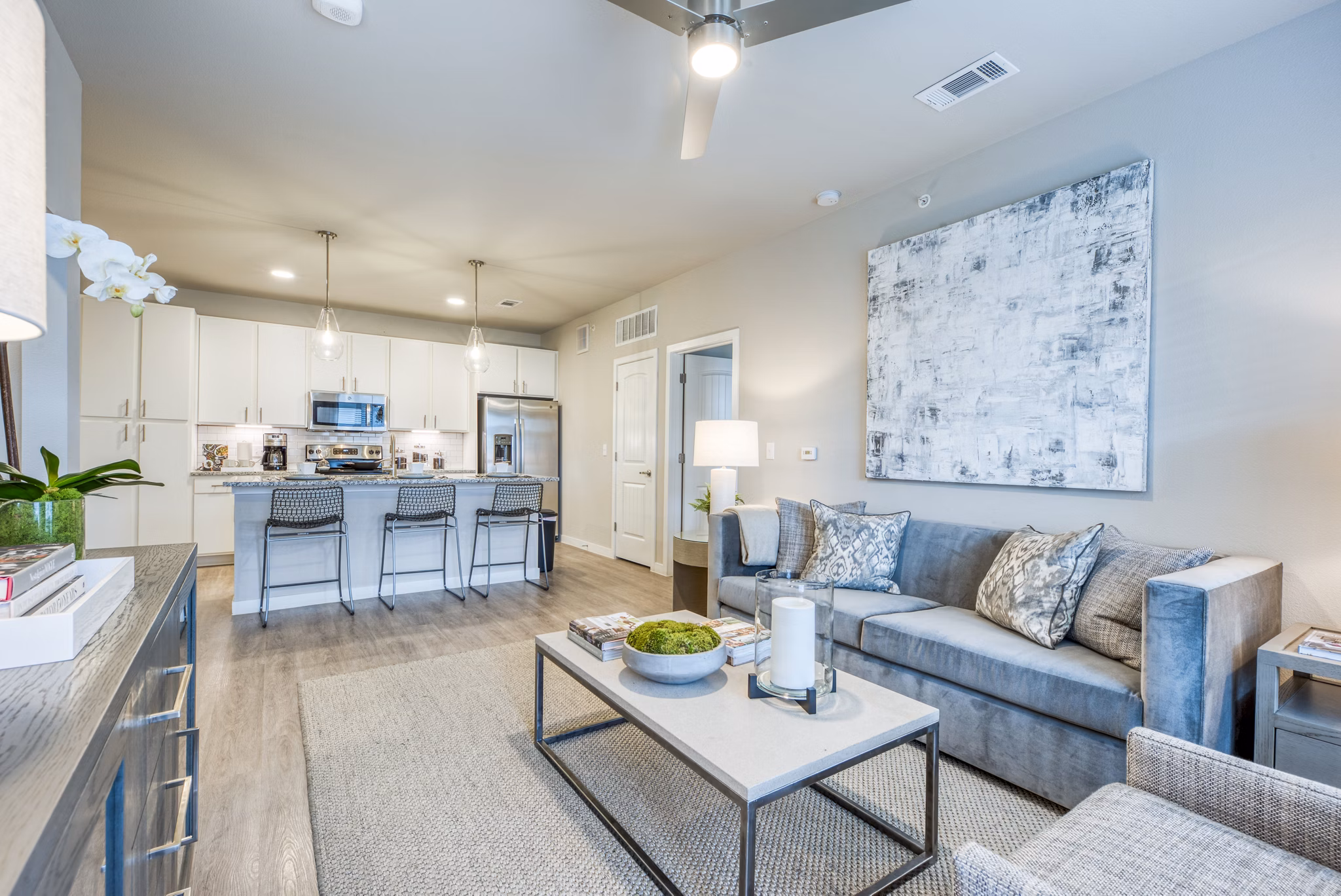 Spacious living room with modern decor and natural light at Citadel at Lookout Apartments