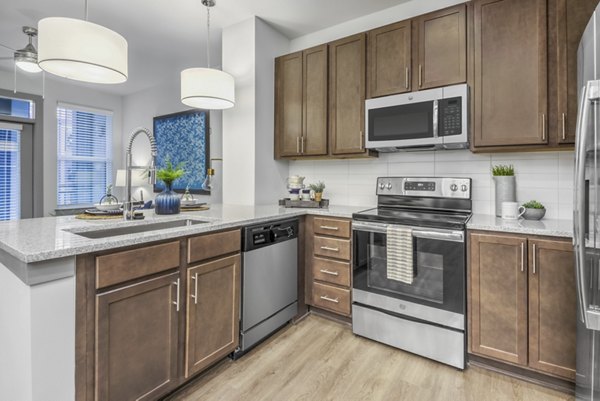 Modern kitchen with stainless steel appliances and granite countertops at Verde at McCullough Station Apartments, luxury living in a sleek design