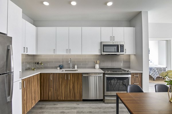 Modern kitchen with stainless steel appliances and granite countertops at Miscela Apartments luxury complex