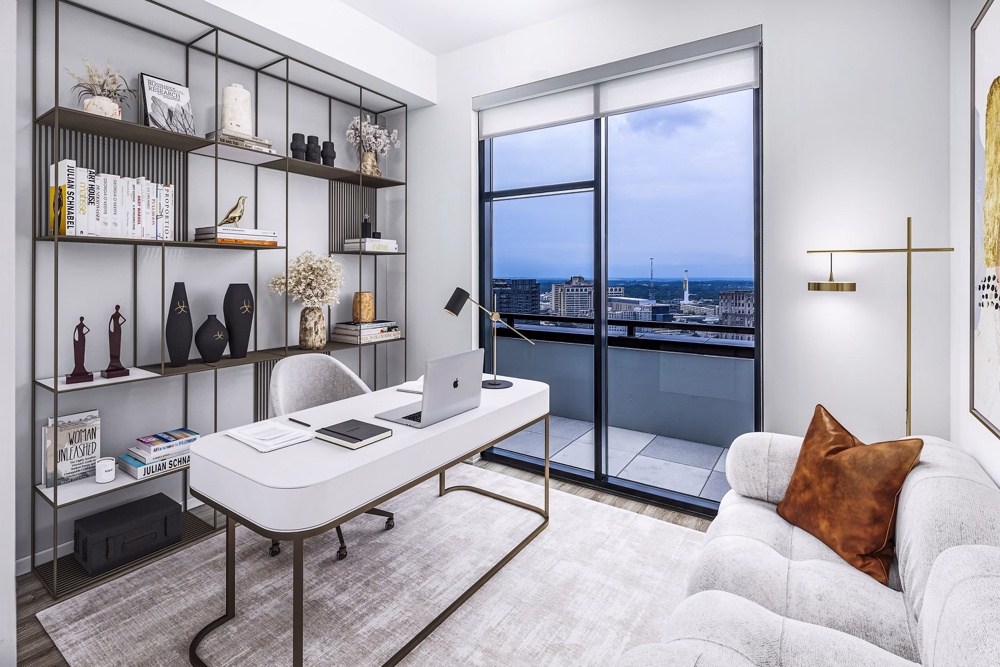 Cozy bedroom with home office space at Ascent Peachtree Apartments offering flexible living solutions