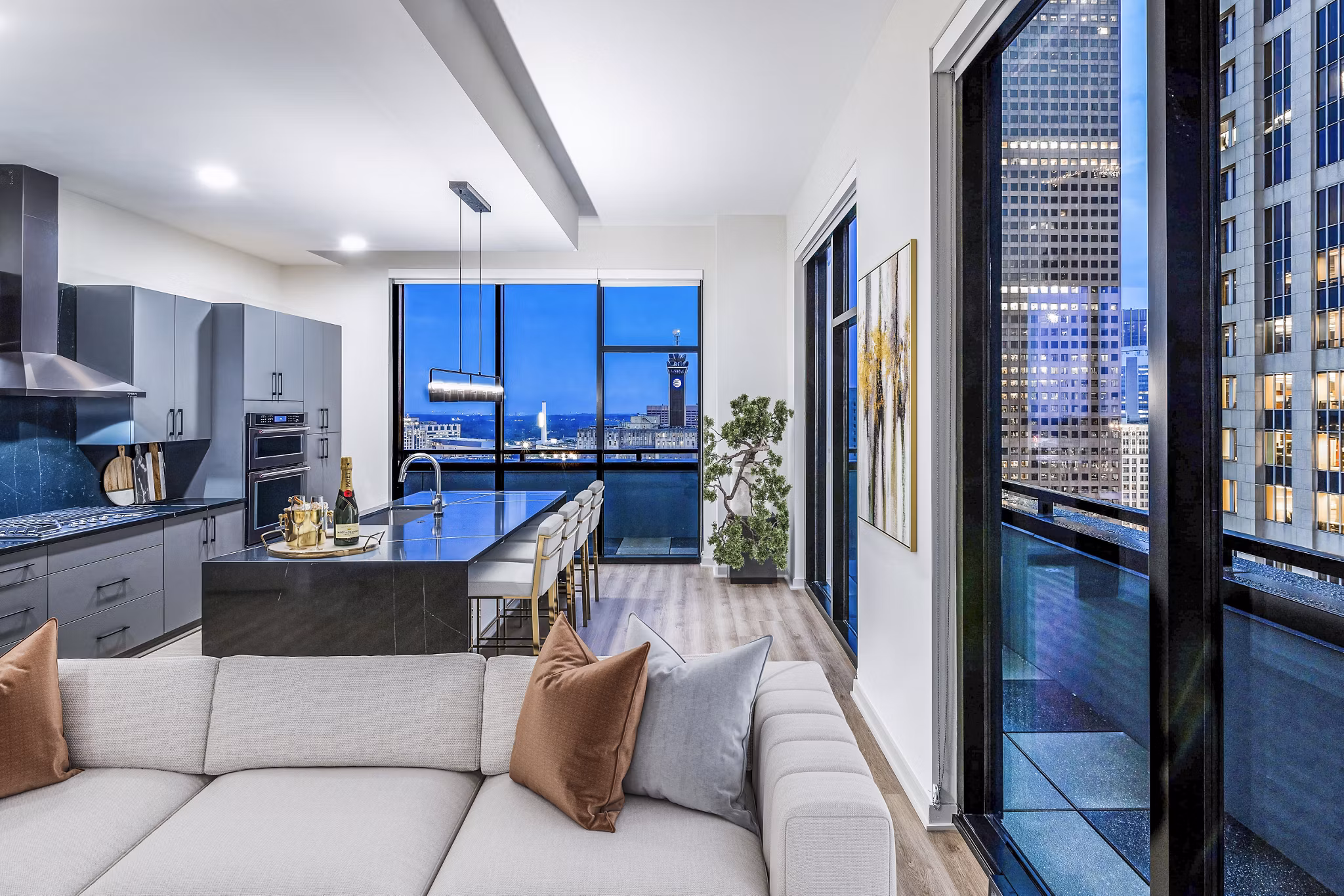 Spacious living room with modern decor in Ascent Peachtree Apartments