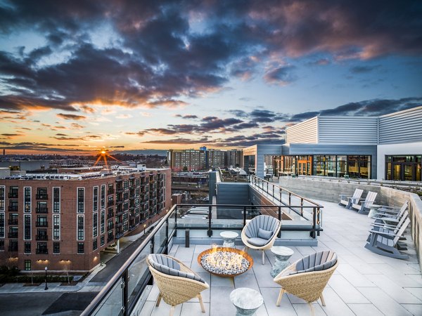 Private patio with modern seating at Rowan Apartments