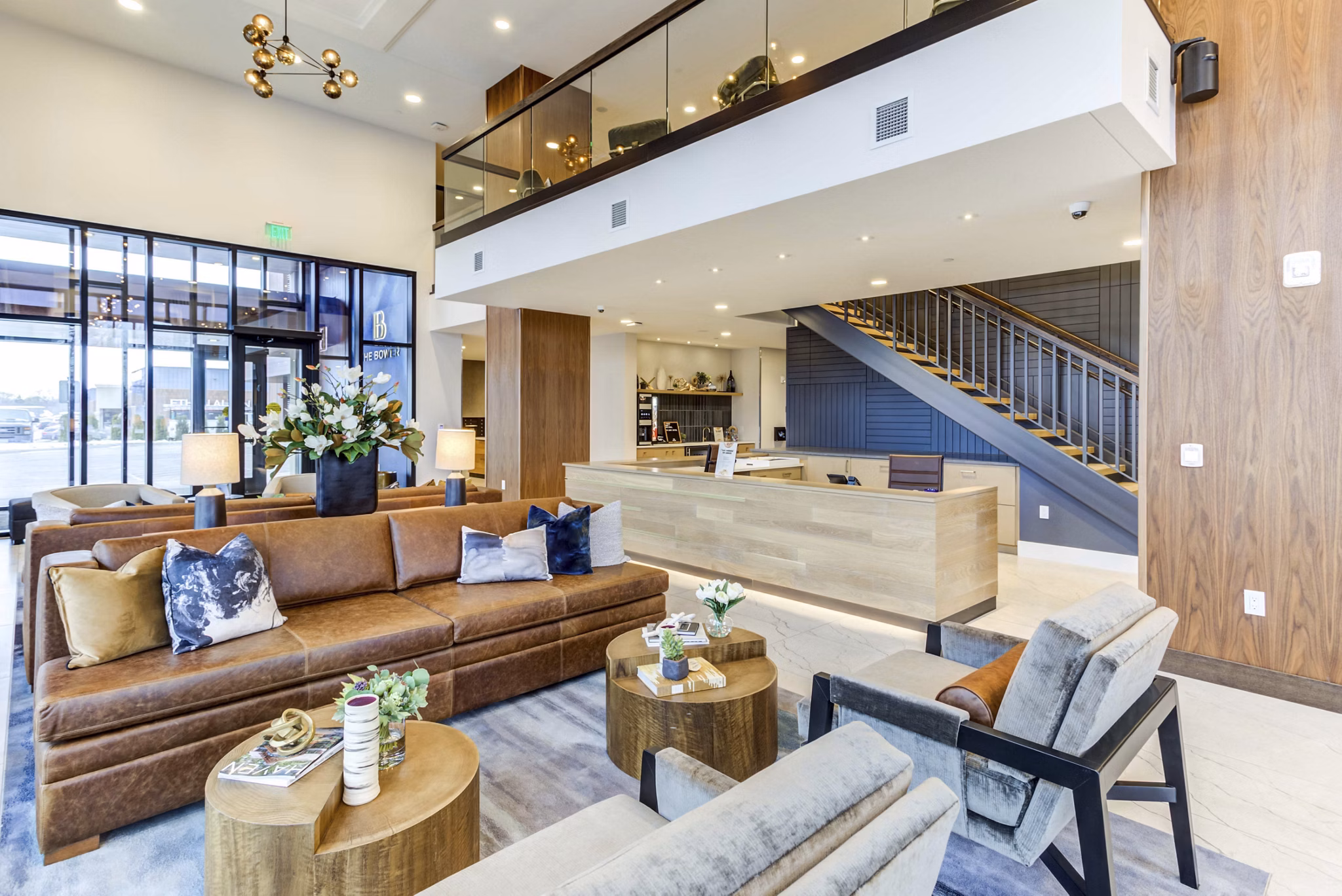 Clubhouse with modern seating and open design at The Bower Apartments, Greystar luxury apartments