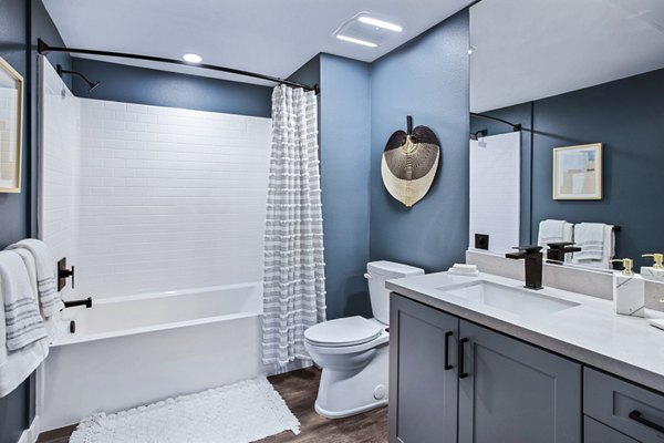 Luxurious bathroom with modern fixtures at Alexan Gallerie Apartments, offering premium living in a stylish Greystar-managed community