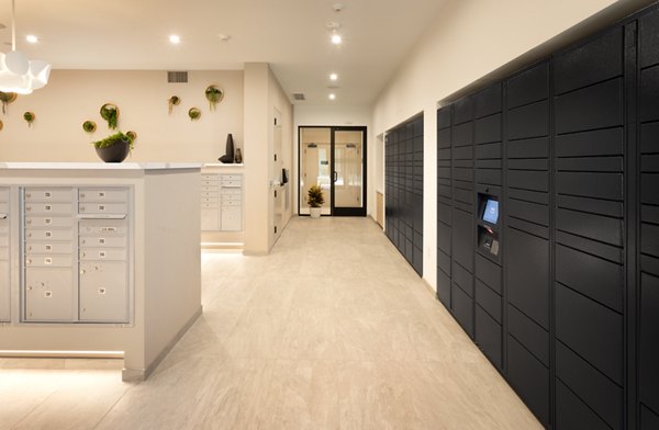 Conveniently designed mail room at Alexan Gallerie Apartments for efficient package management and resident accessibility