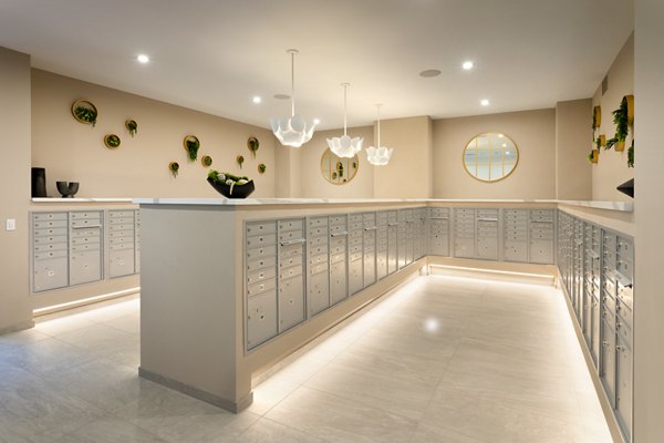Mailroom with organized lockers and secure package system at Alexan Gallerie Apartments luxury community