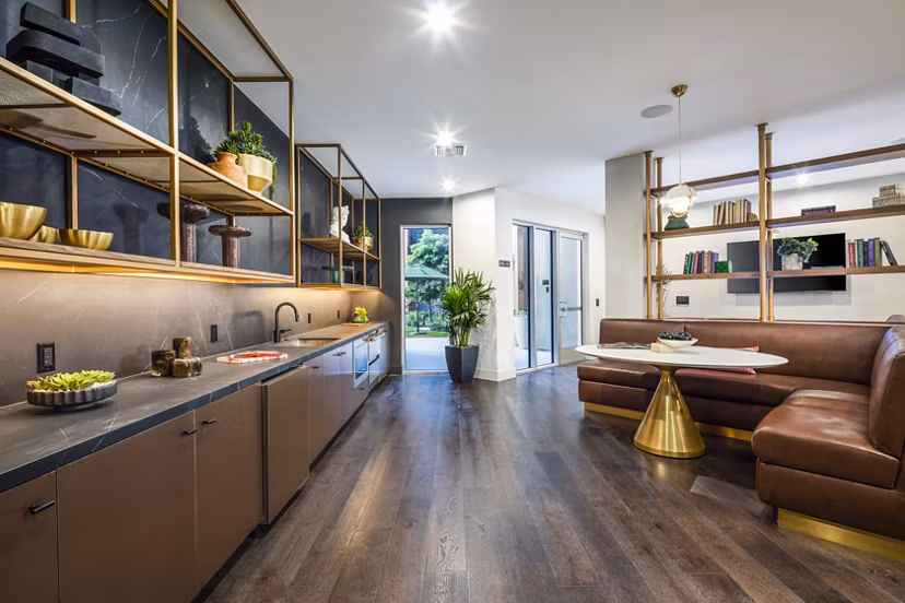 Clubhouse with contemporary design and ample seating at Alexan Gallerie Apartments, luxury living by Greystar
