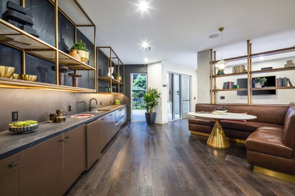 Clubhouse with contemporary design and ample seating at Alexan Gallerie Apartments, luxury living by Greystar