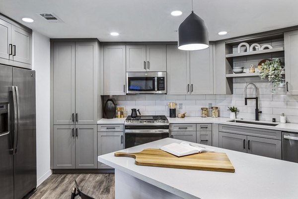 Modern kitchen with stainless steel appliances in Alexan Gallerie Apartments