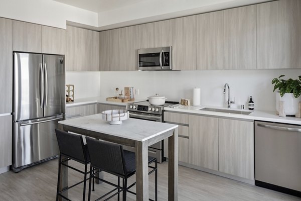 Modern kitchen with sleek countertops and stainless steel appliances at VOX Apartments in luxury property Greystar community