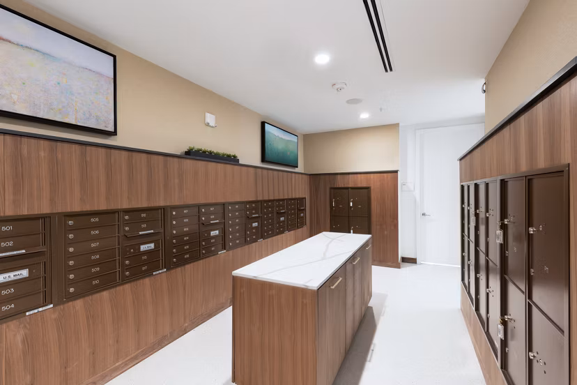 Mail room equipped with modern package lockers at 1155 Barton Springs Apartments