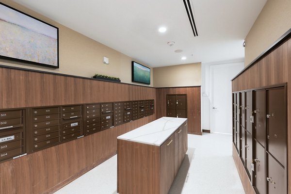 Mail room equipped with modern package lockers at 1155 Barton Springs Apartments