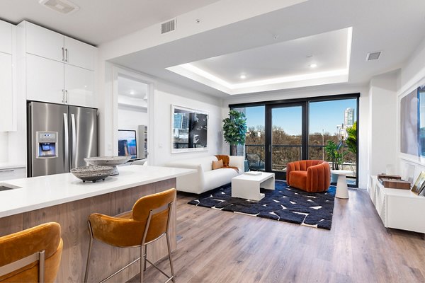 Modern kitchen with stainless steel appliances at 1155 Barton Springs Apartments, luxury homes in Austin