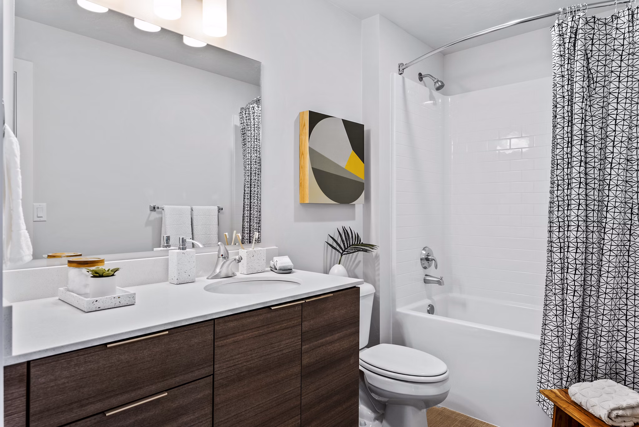 Modern bathroom featuring sleek fixtures at The Lofts at Ten Mile Apartments in Meridian, showcasing luxury living in Idaho