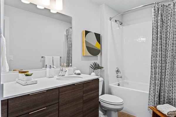 Modern bathroom featuring sleek fixtures at The Lofts at Ten Mile Apartments in Meridian, showcasing luxury living in Idaho