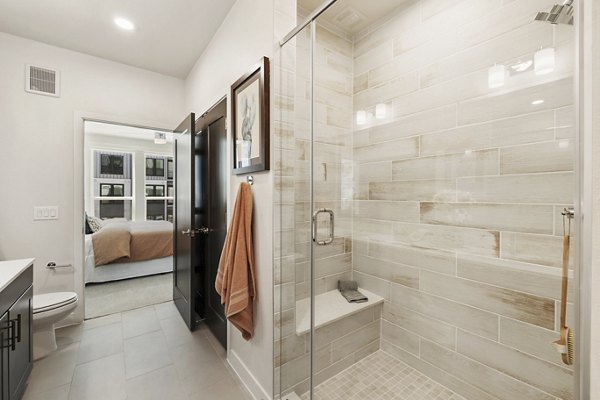 Modern bathroom with sleek fixtures at Art House Sawyer Yards Apartments