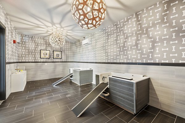 Dog wash station at Art House Sawyer Yards Apartments: Modern pet-friendly amenity in Houston luxury community, featuring high-end facilities