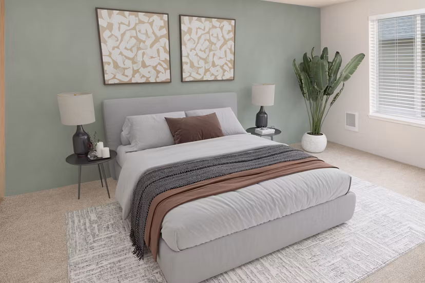 Elegant bedroom with modern decor at Veri at Timberhill Apartments
