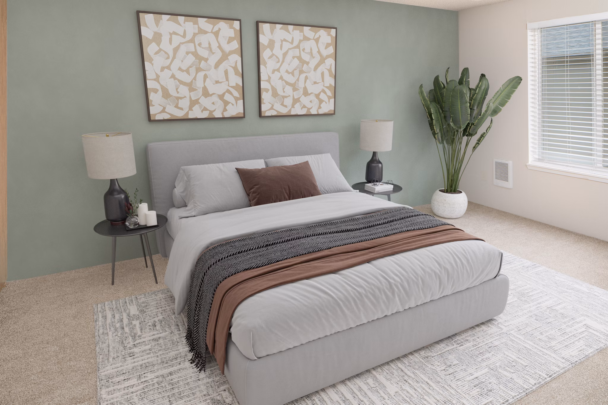 Elegant bedroom with modern decor at Veri at Timberhill Apartments