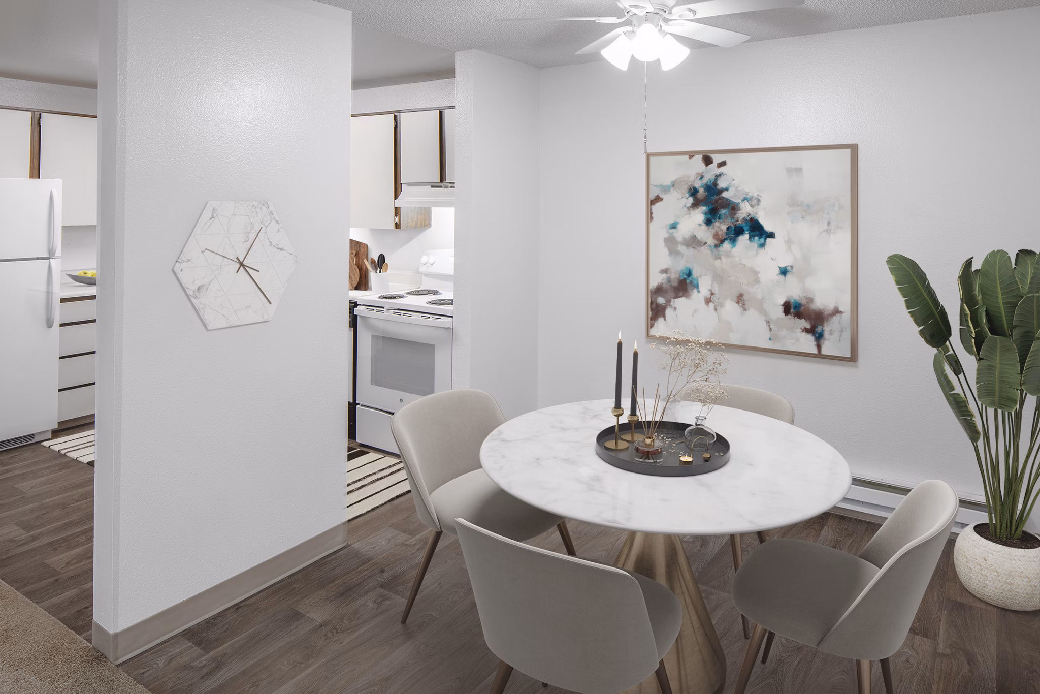 Dining area with modern design elements at Veri at Timberhill Apartments