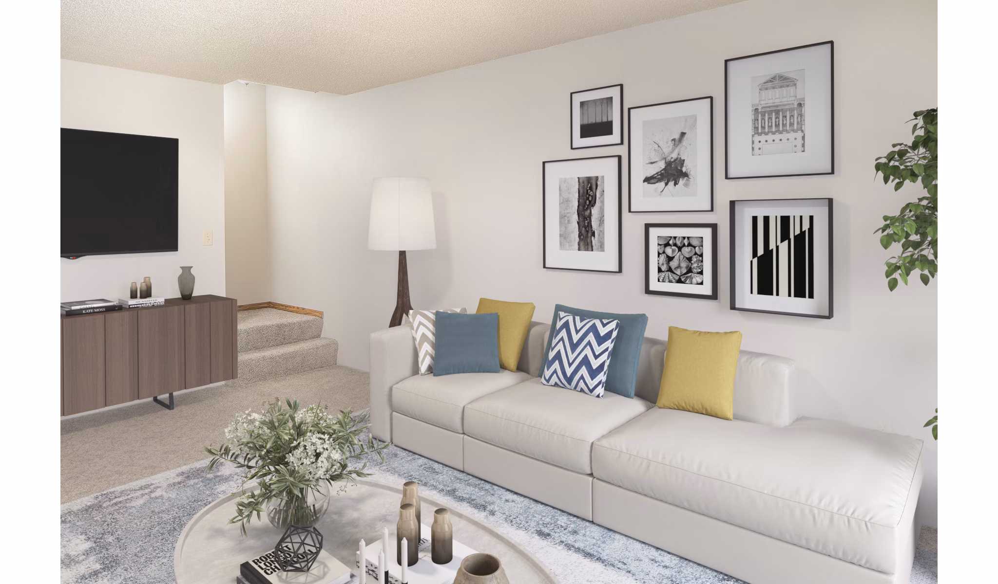Living room with modern decor at Veri at Timberhill Apartments