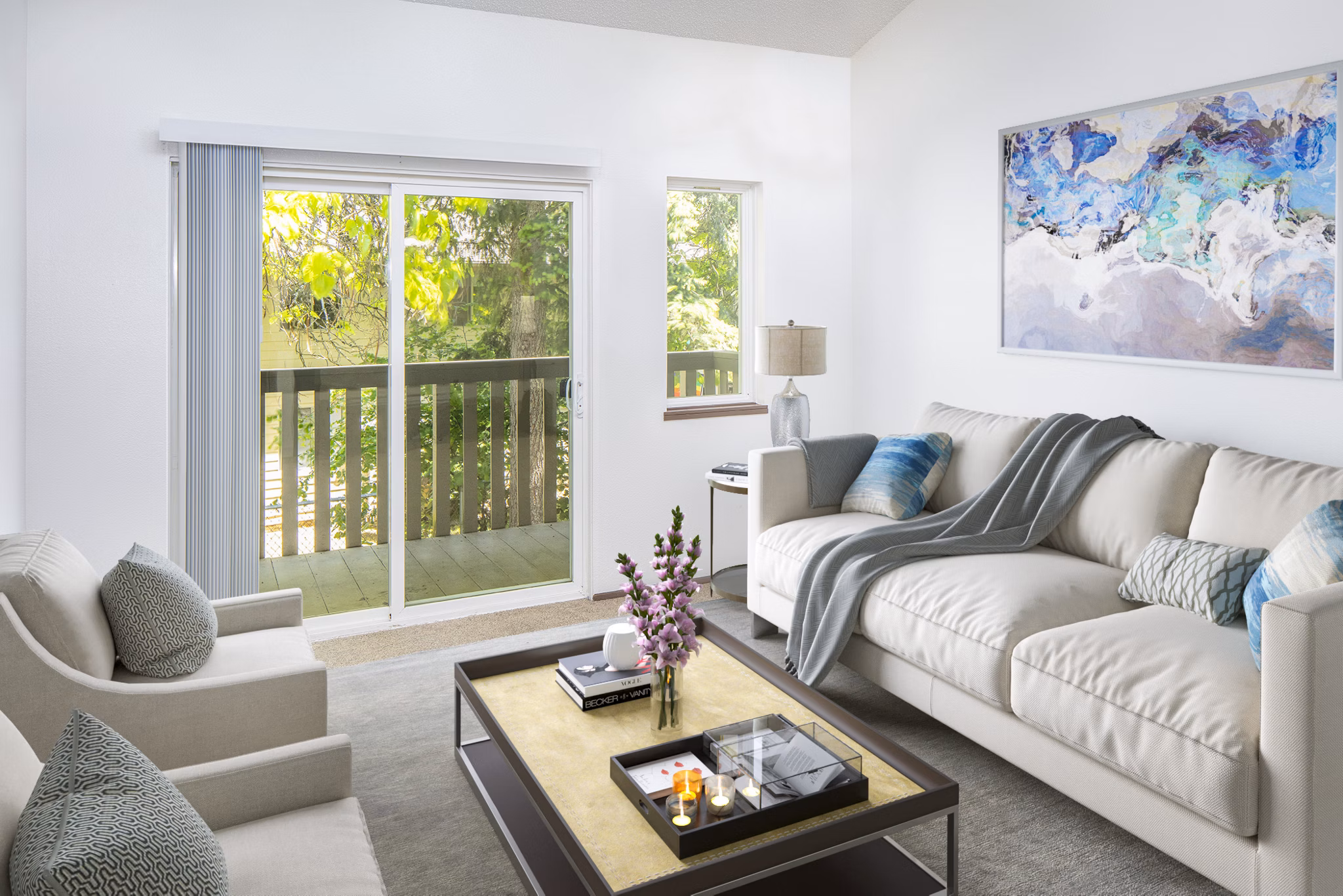 Spacious living room with modern decor at Veri at Timberhill Apartments