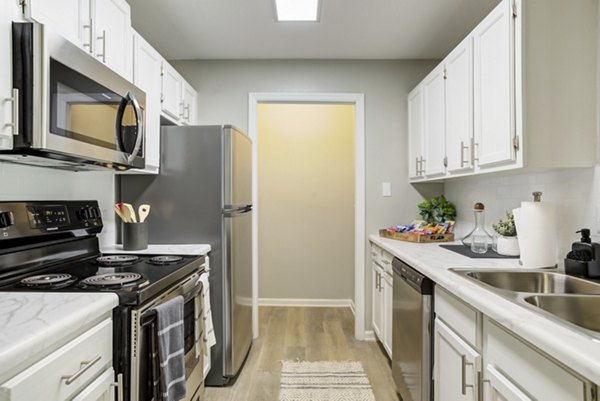 Modern kitchen with sleek countertops and stainless steel appliances at Avana Overlook Apartments
