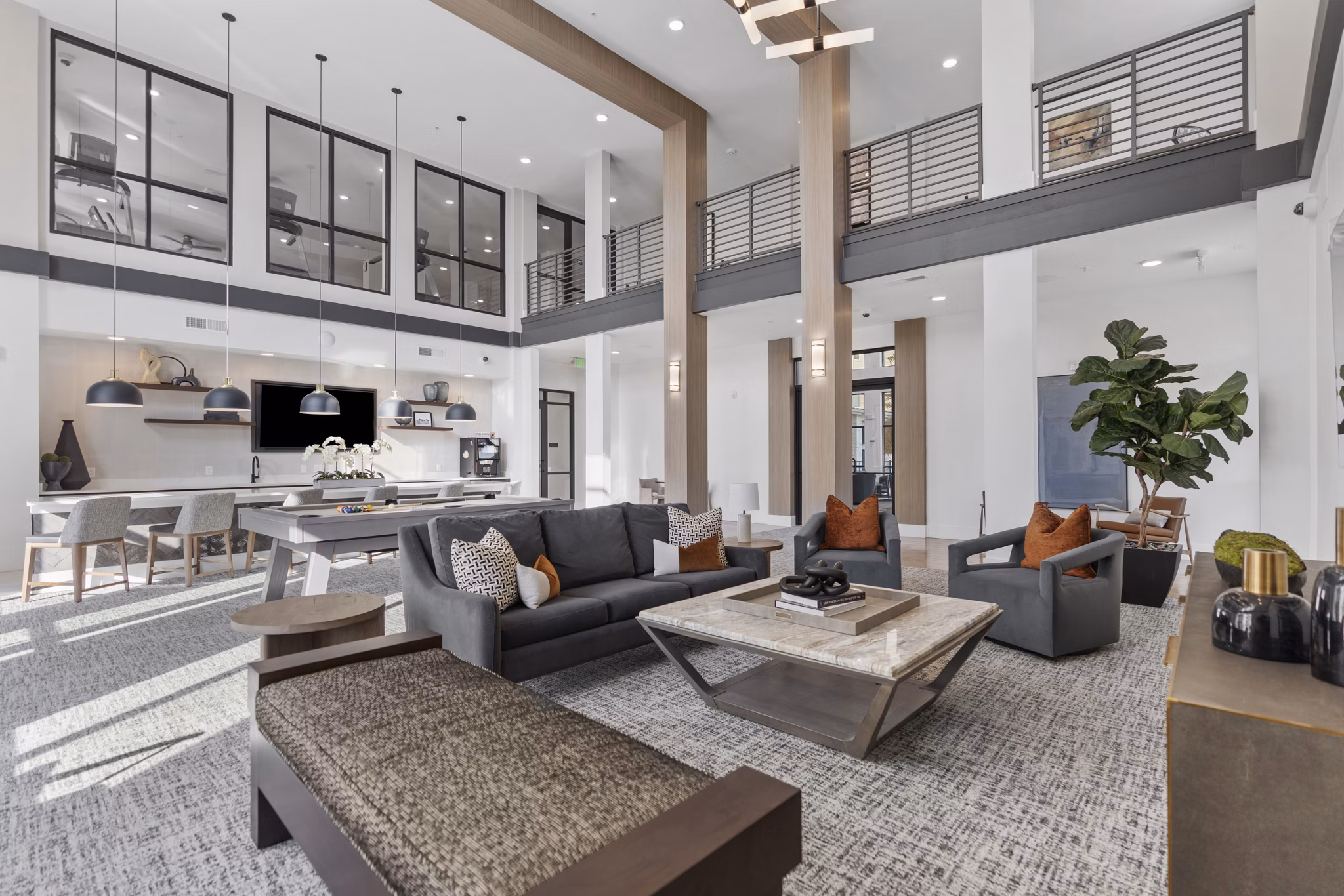 Elegant clubhouse interior with modern decor at The Reflection at Montgomery Ridge Apartments
