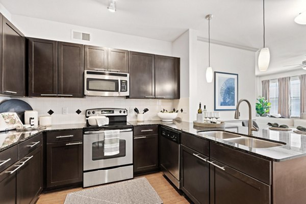 Sleek kitchen with granite countertops and stainless steel appliances at Creekside Townhomes Apartments