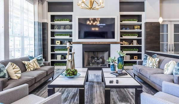 Spacious clubhouse featuring modern interiors at Residences at Shiloh Crossing Apartments for luxury social gatherings and events