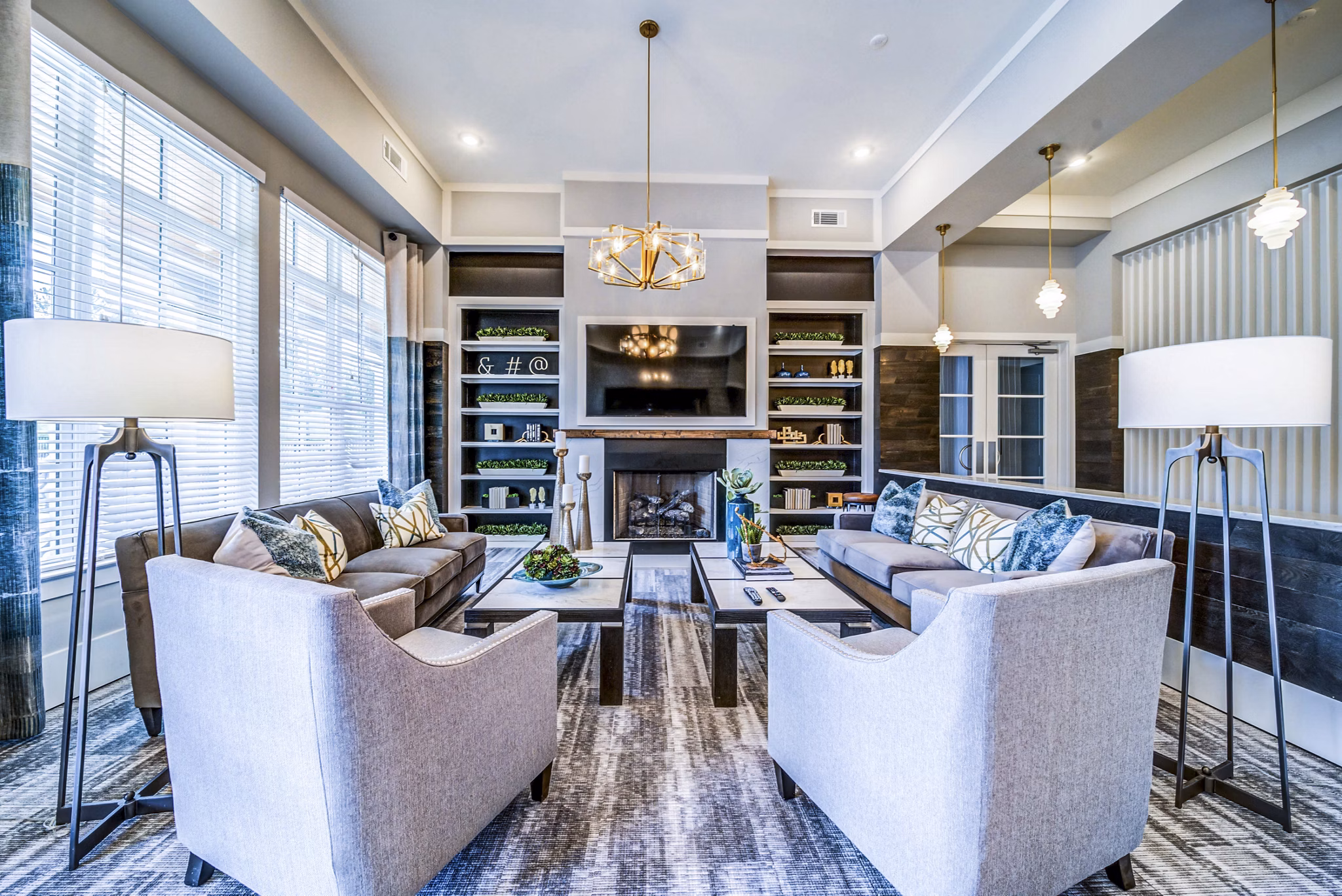 Stylish clubhouse with modern decor at Residences at Shiloh Crossing Apartments