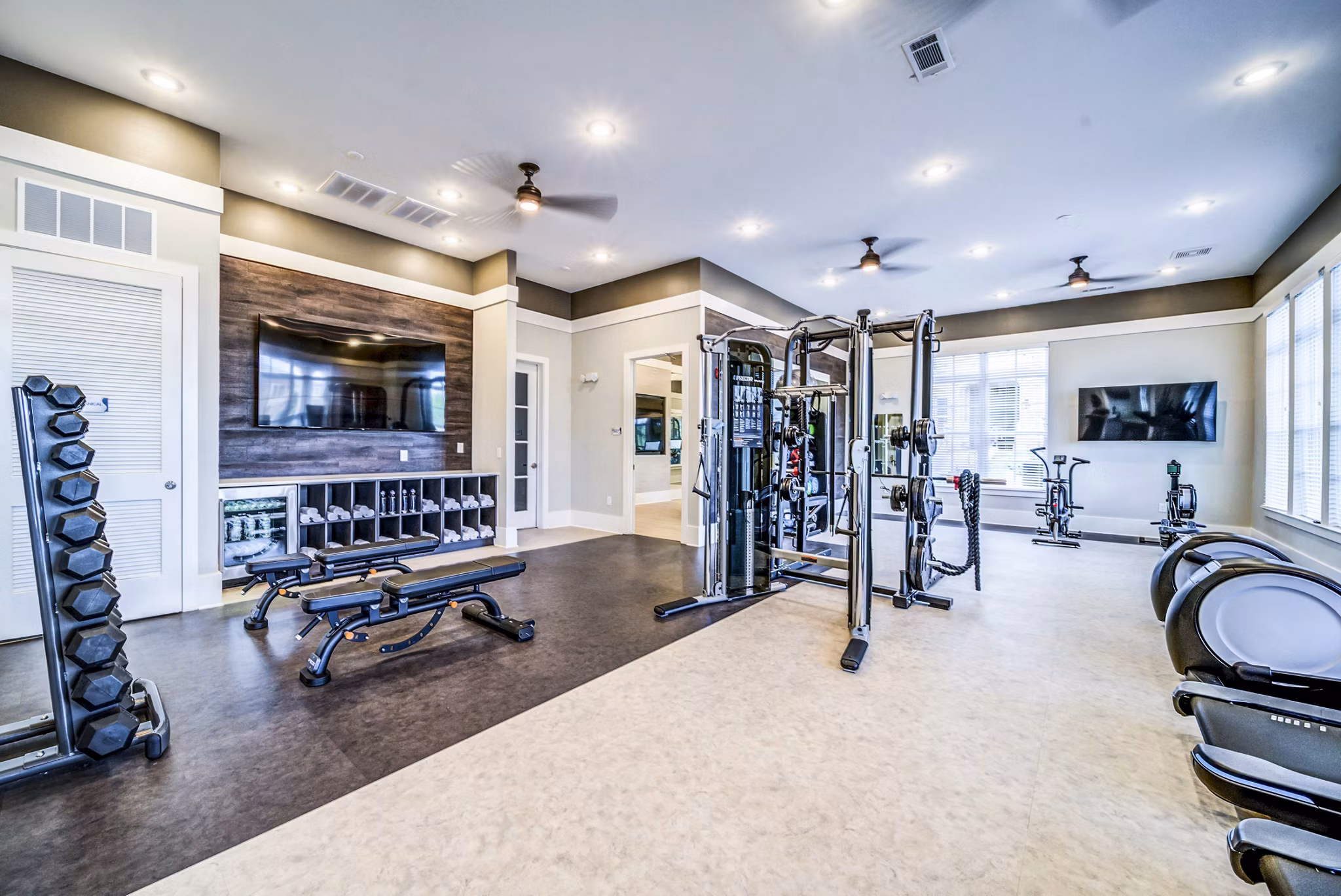 State-of-the-art fitness center with modern equipment at Residences at Shiloh Crossing Apartments for luxury living