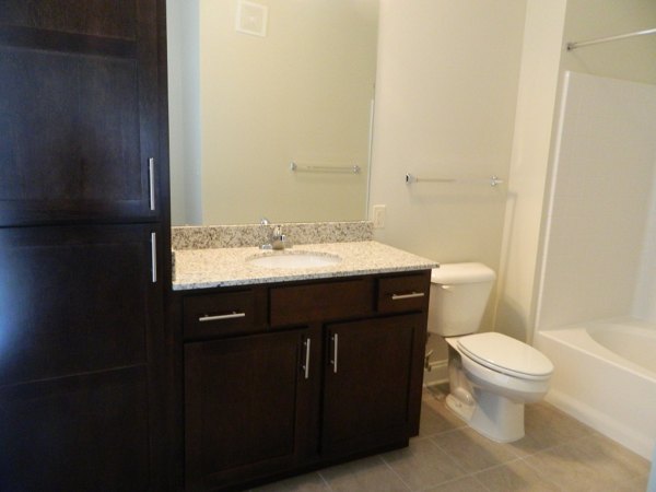 Modern bathroom featuring sleek cabinetry and fixtures in Carrington at Schilling Farms Apartments