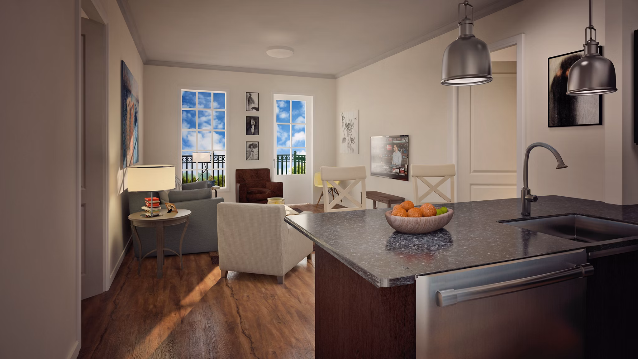 Modern kitchen with stainless steel appliances at Carrington at Schilling Farms Apartments, ideal for luxury living
