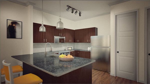 Modern kitchen with granite countertops and stainless steel appliances at Carrington at Schilling Farms Apartments