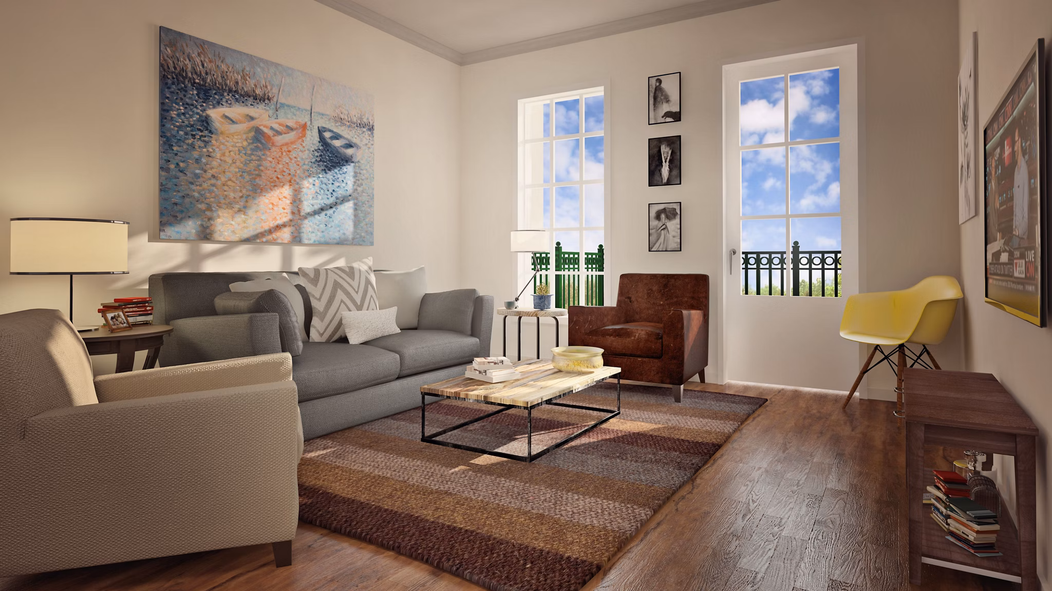 Spacious living room with modern furnishings at Carrington at Schilling Farms Apartments