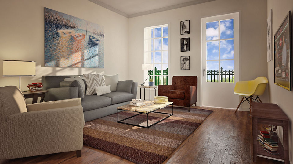 Spacious living room with modern furnishings at Carrington at Schilling Farms Apartments