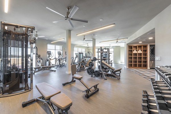 State-of-the-art fitness center with modern equipment at Alexan Flower Mound Apartments