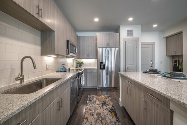 Modern kitchen with stainless steel appliances in Alexan Flower Mound Apartments