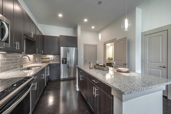 Modern kitchen with stainless steel appliances at Alexan Flower Mound Apartments