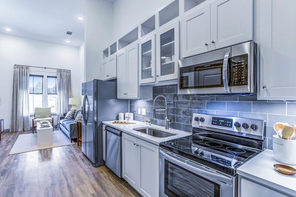 Modern kitchen with stainless steel appliances at Town Center at Berry Farms Apartments