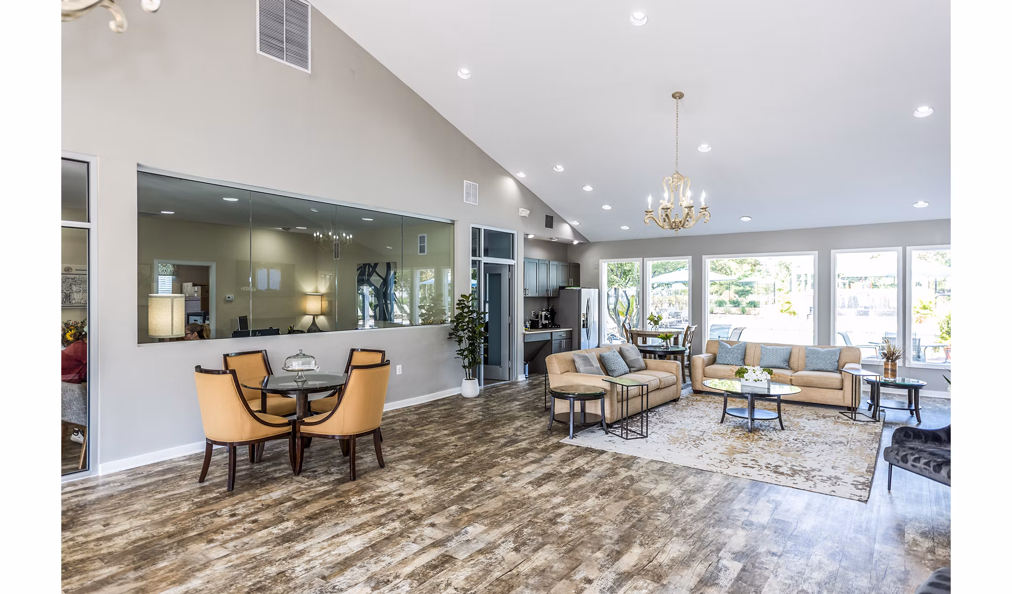 Modern clubhouse lobby with elegant seating at Ravens Crest Apartments, luxury living destination
