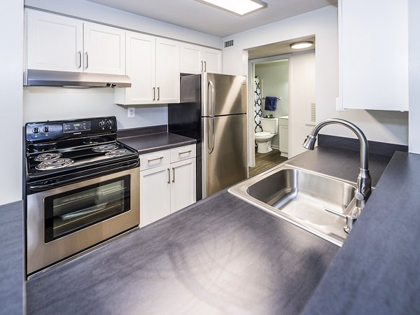 Spacious kitchen featuring modern appliances at Ravens Crest Apartments, a luxury living experience in a serene setting