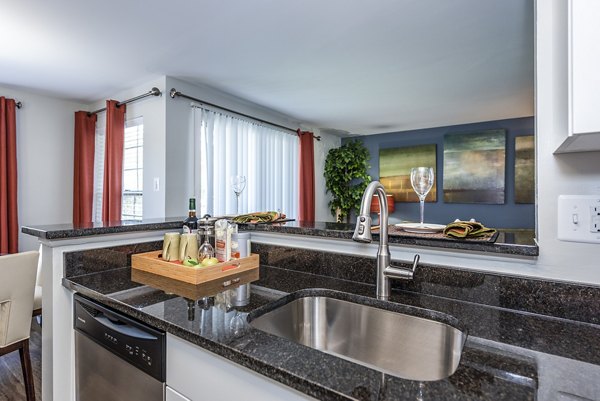 Contemporary kitchen with stainless steel appliances at Ravens Crest Apartments