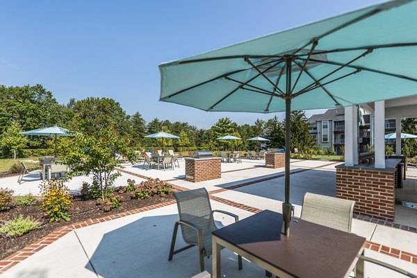 Outdoor grill area at Ravens Crest Apartments with BBQ stations and seating, ideal for social gatherings in a luxury community setting