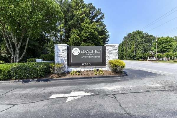 Signage at Avana Chase Apartments luxury community, showcasing modern design and branding in an inviting atmosphere