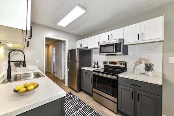 Modern kitchen with stainless steel appliances at Avana Chase Apartments, offering luxury living for Greystar residents