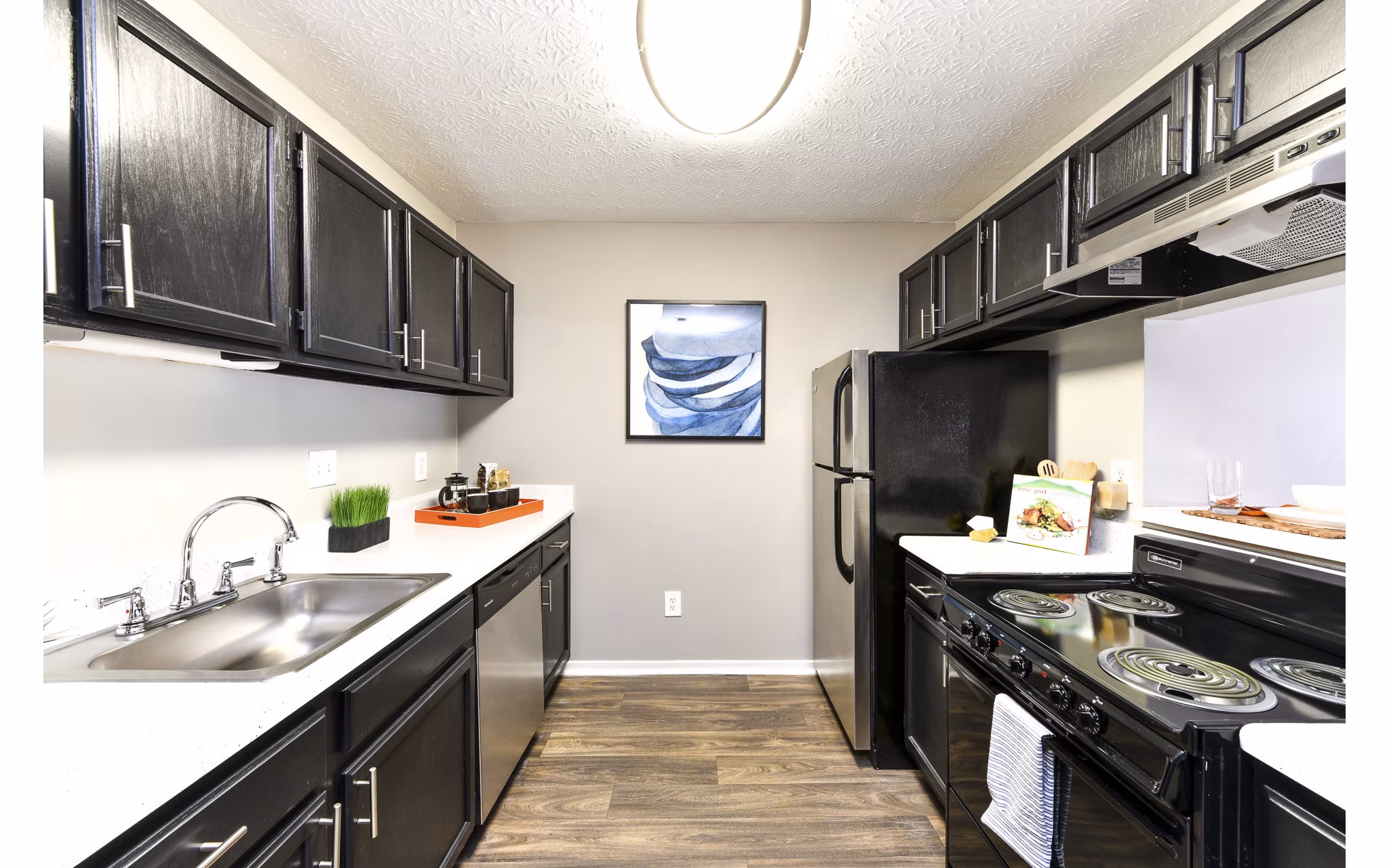 Modern kitchen featuring stainless steel appliances and sleek countertops at Avana Court Apartments