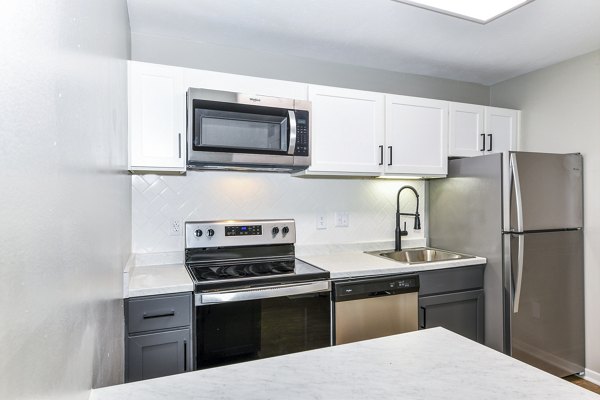 Modern kitchen with stainless steel appliances at Avana Court Apartments, luxury living for style and convenience seekers