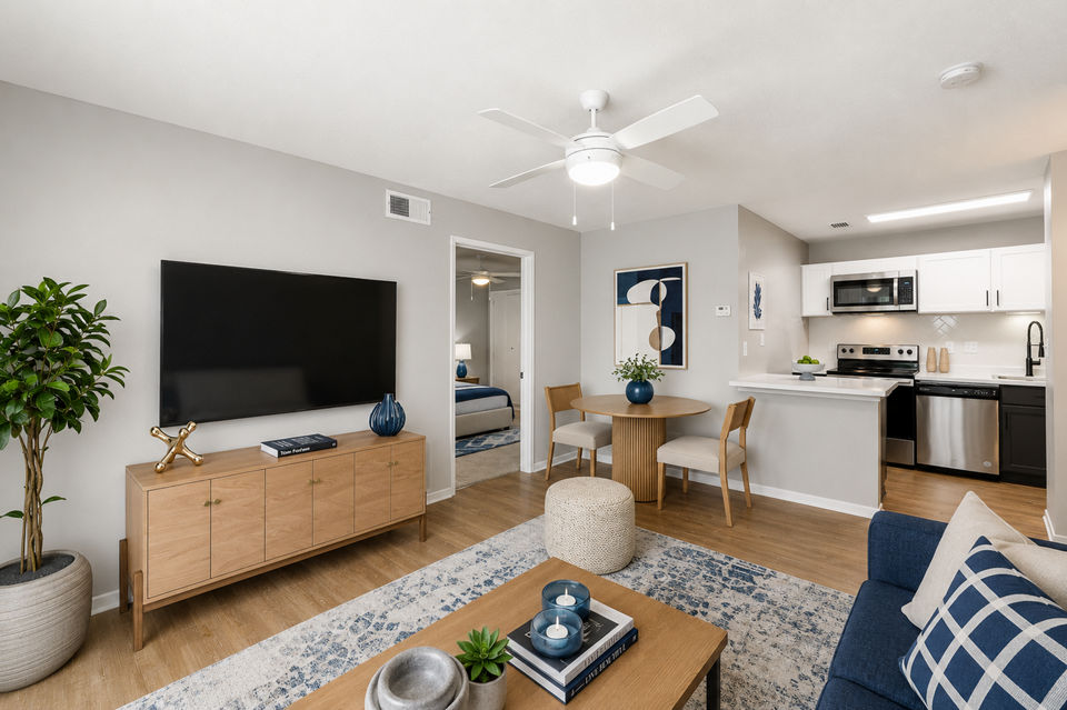 Modern living room with natural light and stylish furnishings at Avana Court Apartments